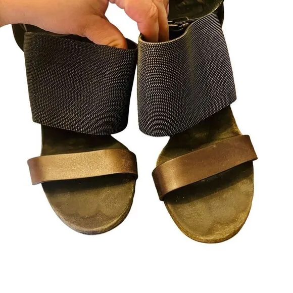 Brunello Cucinelli Monili Strap Block Heel Sandals size39 brown metallic leather