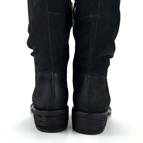 BRUNO PREMI BLACK LEATHER ASYMMETRICAL TOPLINE SLOUCHY BELOW KNEE BOOTS🆕