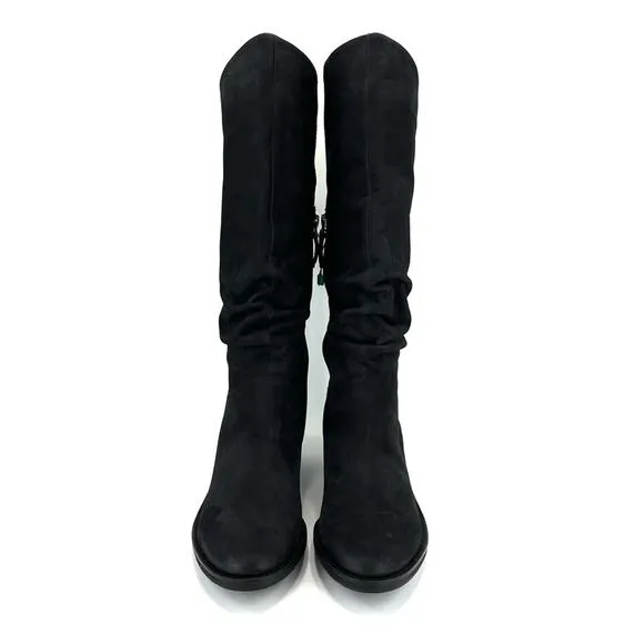 BRUNO PREMI BLACK LEATHER ASYMMETRICAL TOPLINE SLOUCHY BELOW KNEE BOOTS🆕