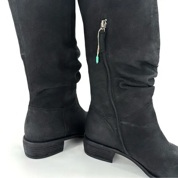 BRUNO PREMI BLACK LEATHER ASYMMETRICAL TOPLINE SLOUCHY BELOW KNEE BOOTS🆕