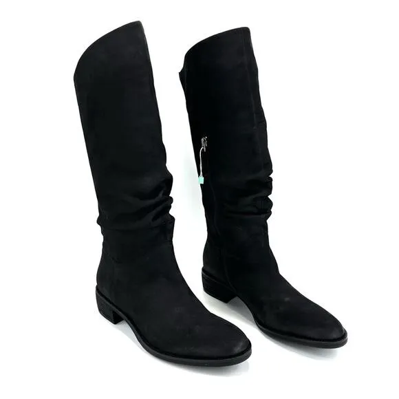 BRUNO PREMI BLACK LEATHER ASYMMETRICAL TOPLINE SLOUCHY BELOW KNEE BOOTS🆕