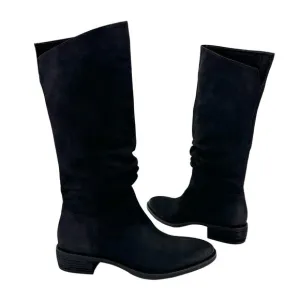 BRUNO PREMI BLACK LEATHER ASYMMETRICAL TOPLINE SLOUCHY BELOW KNEE BOOTS🆕