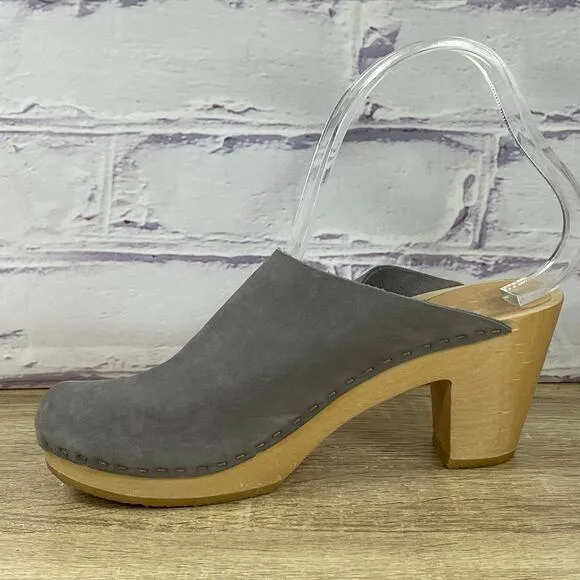 Bryr Gray Leather Wooden Heel Clogs Women's EU 38 US Size 8 Mules