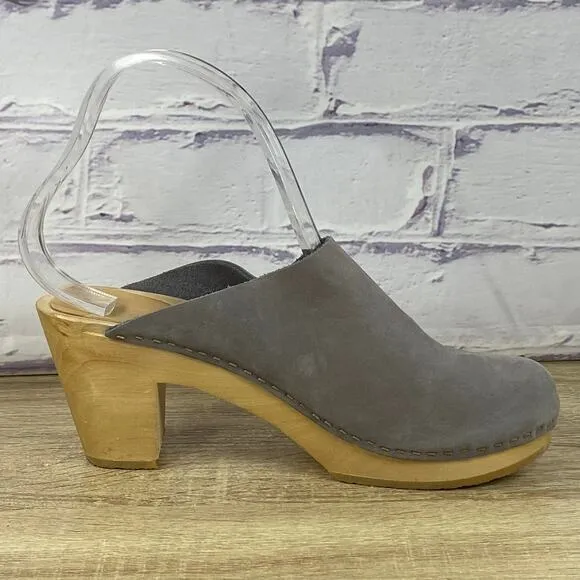 Bryr Gray Leather Wooden Heel Clogs Women's EU 38 US Size 8 Mules