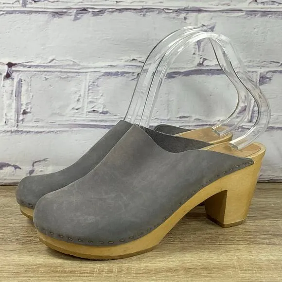 Bryr Gray Leather Wooden Heel Clogs Women's EU 38 US Size 8 Mules
