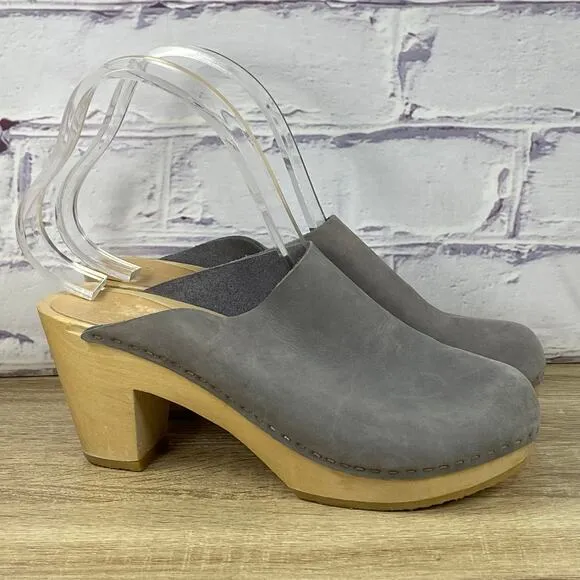 Bryr Gray Leather Wooden Heel Clogs Women's EU 38 US Size 8 Mules