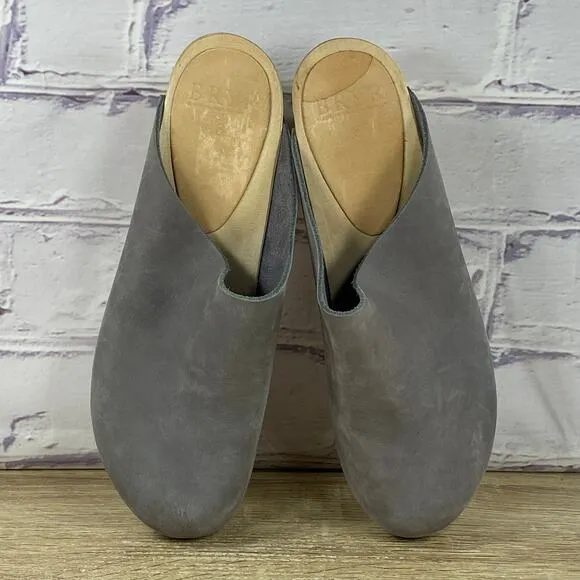 Bryr Gray Leather Wooden Heel Clogs Women's EU 38 US Size 8 Mules