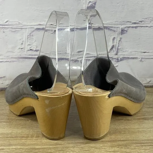 Bryr Gray Leather Wooden Heel Clogs Women's EU 38 US Size 8 Mules