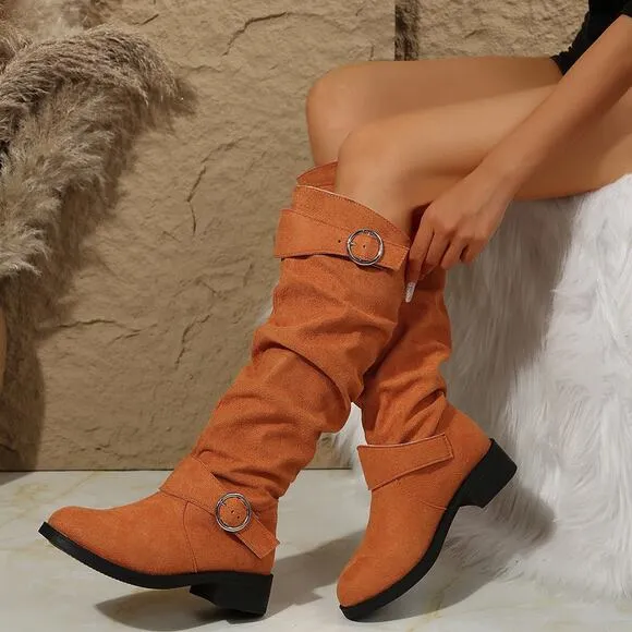 Buckle Round Toe Block Heel Boots in Tan