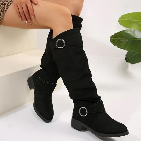 Buckle Round Toe Block Heel Boots in Tan