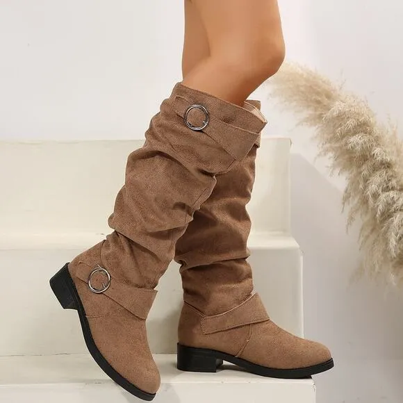 Buckle Round Toe Block Heel Boots in Tan