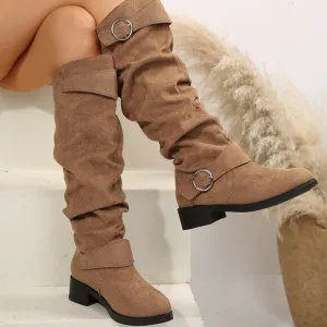 Buckle Round Toe Block Heel Boots in Tan
