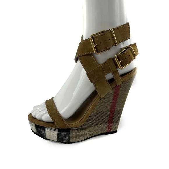 Burberry Tan and Black Wedge Sandals