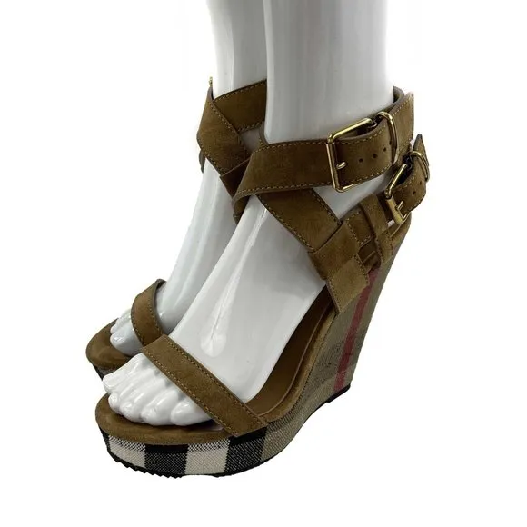 Burberry Tan and Black Wedge Sandals
