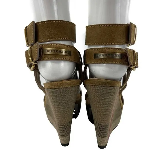 Burberry Tan and Black Wedge Sandals