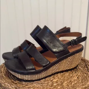 Bussola Black Leather Slingback Woven Wedge Sandals Womens Size 41