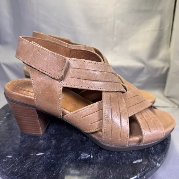 Bussola Tan Leather Cross Strap Heel Sandals Women's Size 39 EU / 8.5 US