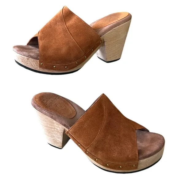 Calleen Cordero Kimi Suede Leather Chunky Wooden Platform Heel Mules Clogs - 8