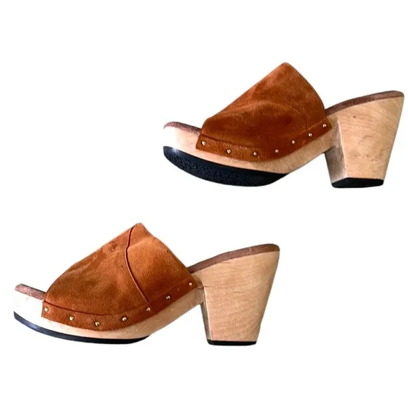 Calleen Cordero Kimi Suede Leather Chunky Wooden Platform Heel Mules Clogs - 8