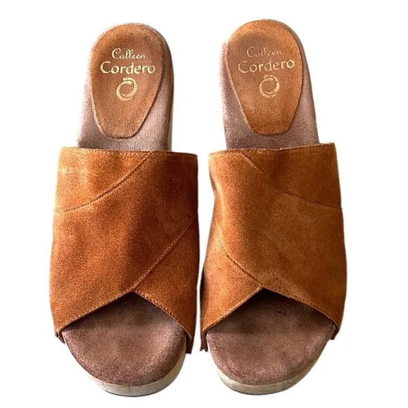 Calleen Cordero Kimi Suede Leather Chunky Wooden Platform Heel Mules Clogs - 8