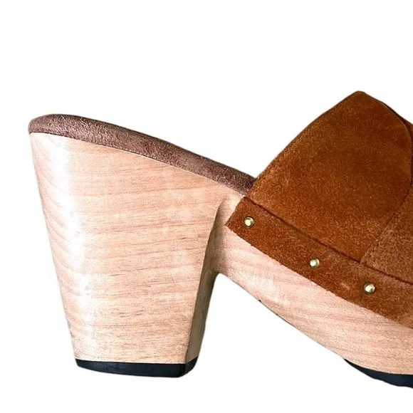 Calleen Cordero Kimi Suede Leather Chunky Wooden Platform Heel Mules Clogs - 8