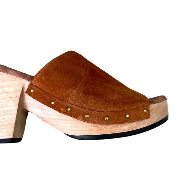 Calleen Cordero Kimi Suede Leather Chunky Wooden Platform Heel Mules Clogs - 8