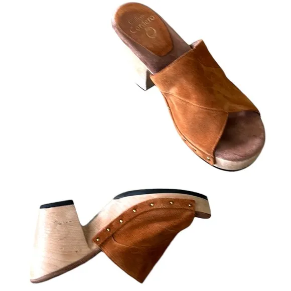 Calleen Cordero Kimi Suede Leather Chunky Wooden Platform Heel Mules Clogs - 8