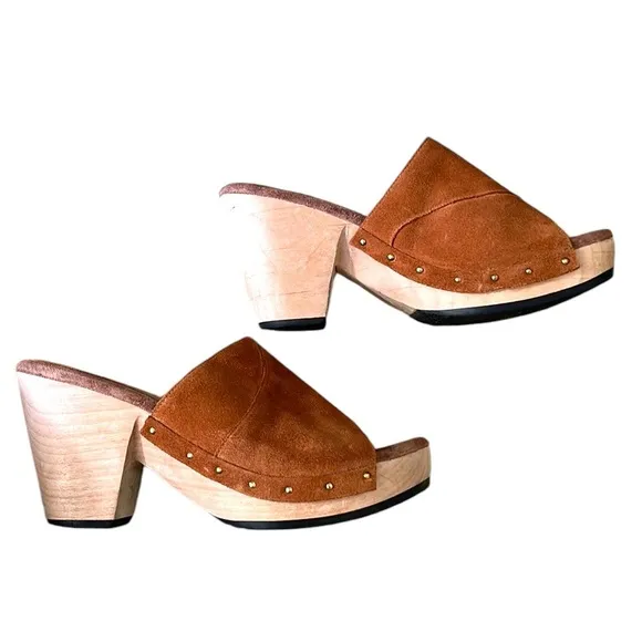 Calleen Cordero Kimi Suede Leather Chunky Wooden Platform Heel Mules Clogs - 8