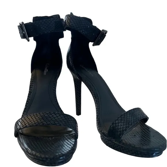 CALVIN KLEIN Vivian Patent Snake Skin Platform Heeled Open Toe Size 7M Blk Shoes