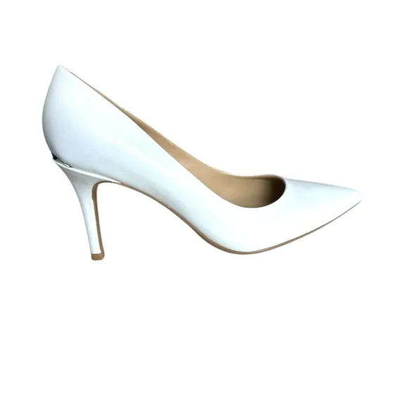 Calvin Klein White Heels- Size 5.5M Silver Logo &amp; Heel Detail - Gently Worn