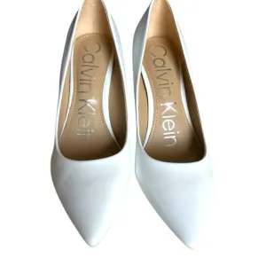 Calvin Klein White Heels- Size 5.5M Silver Logo &amp; Heel Detail - Gently Worn