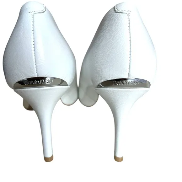 Calvin Klein White Heels- Size 5.5M Silver Logo &amp; Heel Detail - Gently Worn