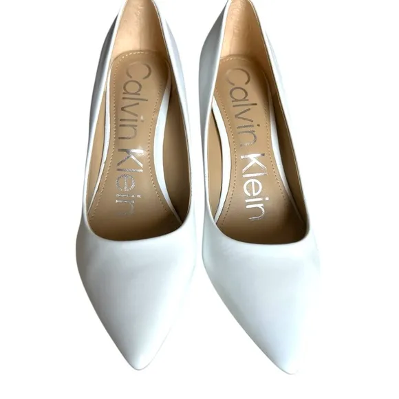 Calvin Klein White Heels- Size 5.5M Silver Logo &amp; Heel Detail - Gently Worn