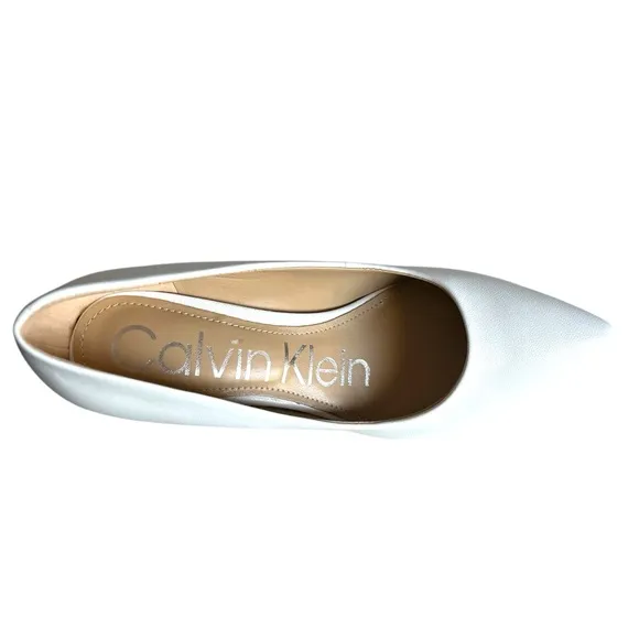 Calvin Klein White Heels- Size 5.5M Silver Logo &amp; Heel Detail - Gently Worn