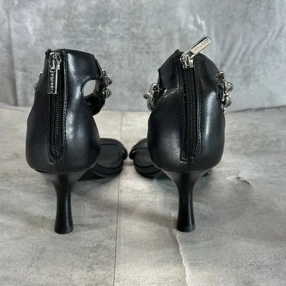 Calvin Klein Women's Black Nova Chain T-Strap Square-Toe High-Heel Sandals SZ 7