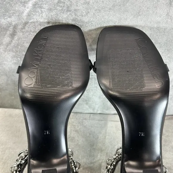 Calvin Klein Women's Black Nova Chain T-Strap Square-Toe High-Heel Sandals SZ 7