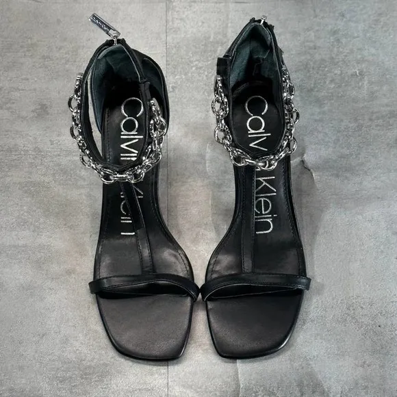 Calvin Klein Women's Black Nova Chain T-Strap Square-Toe High-Heel Sandals SZ 7