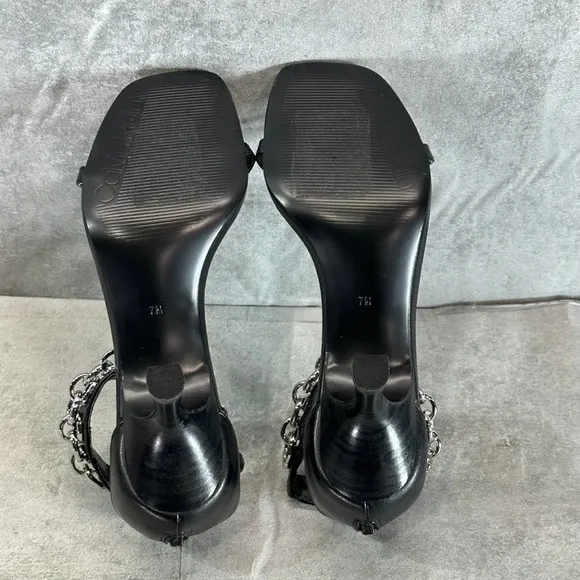 Calvin Klein Women's Black Nova Chain T-Strap Square-Toe High-Heel Sandals SZ 7