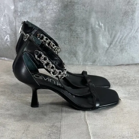 Calvin Klein Women's Black Nova Chain T-Strap Square-Toe High-Heel Sandals SZ 7