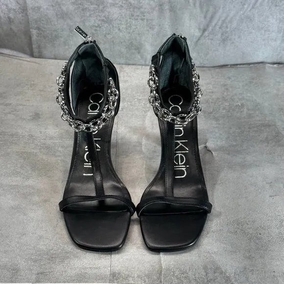 Calvin Klein Women's Black Nova Chain T-Strap Square-Toe High-Heel Sandals SZ 7