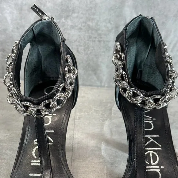 Calvin Klein Women's Black Nova Chain T-Strap Square-Toe High-Heel Sandals SZ 7