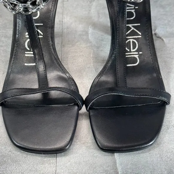 Calvin Klein Women's Black Nova Chain T-Strap Square-Toe High-Heel Sandals SZ 7