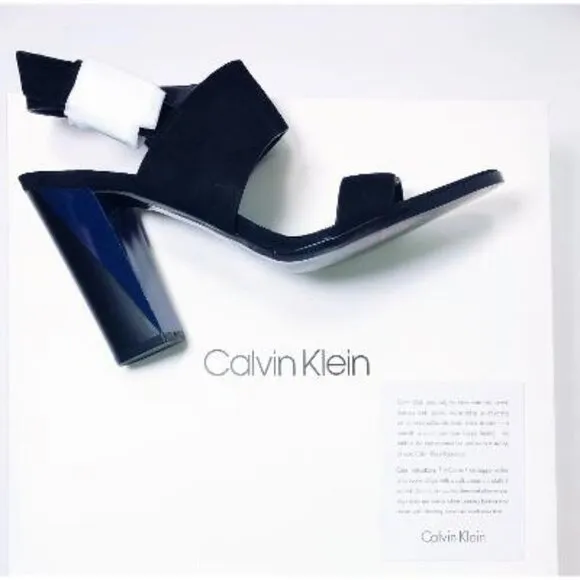 Calvin Klein Womens Black Suede Leather Block Heeled Open Toe Sandals Sz 8.5 NIB