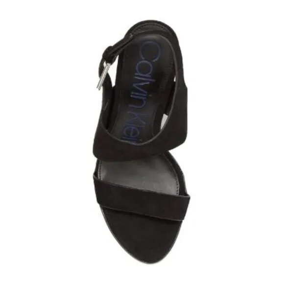 Calvin Klein Womens Black Suede Leather Block Heeled Open Toe Sandals Sz 8.5 NIB