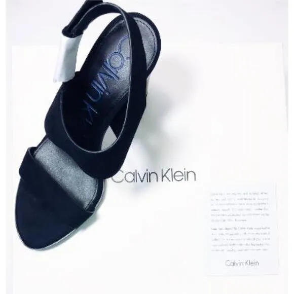 Calvin Klein Womens Black Suede Leather Block Heeled Open Toe Sandals Sz 8.5 NIB