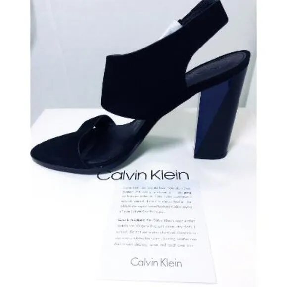 Calvin Klein Womens Black Suede Leather Block Heeled Open Toe Sandals Sz 8.5 NIB