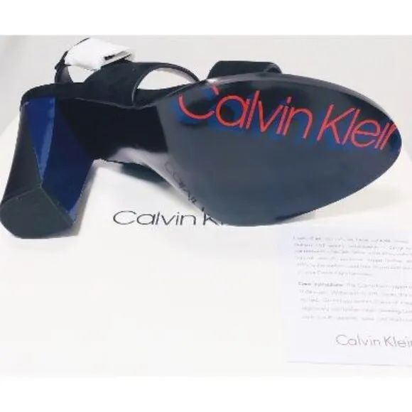 Calvin Klein Womens Black Suede Leather Block Heeled Open Toe Sandals Sz 8.5 NIB