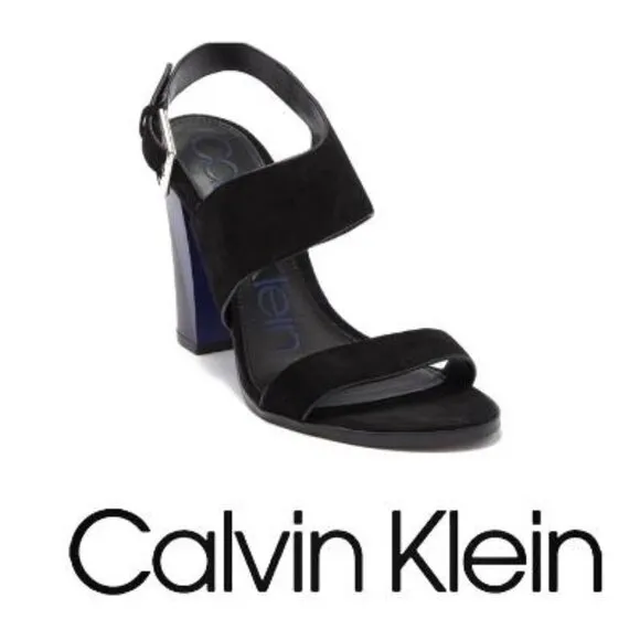Calvin Klein Womens Black Suede Leather Block Heeled Open Toe Sandals Sz 8.5 NIB