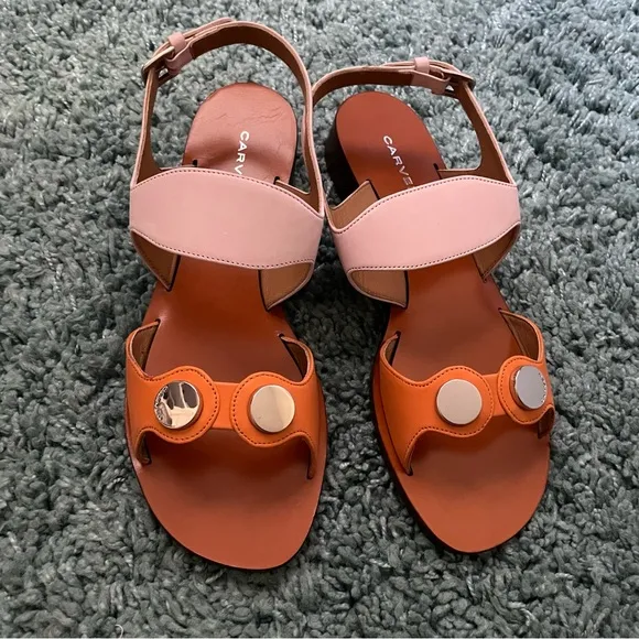 Carven Embellished Rose/Orange Two-Tone Sandals | NIB | Size 8