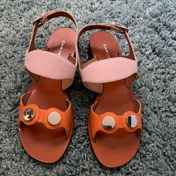 Carven Embellished Rose/Orange Two-Tone Sandals | NIB | Size 8